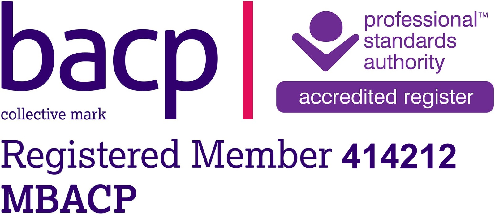 BACP registered member 414212, MBACP, Professional Standards Authority accredited register